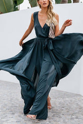 Ärmelloses Maxi-Wickelkleid mit Schlitz und V-Ausschnitt